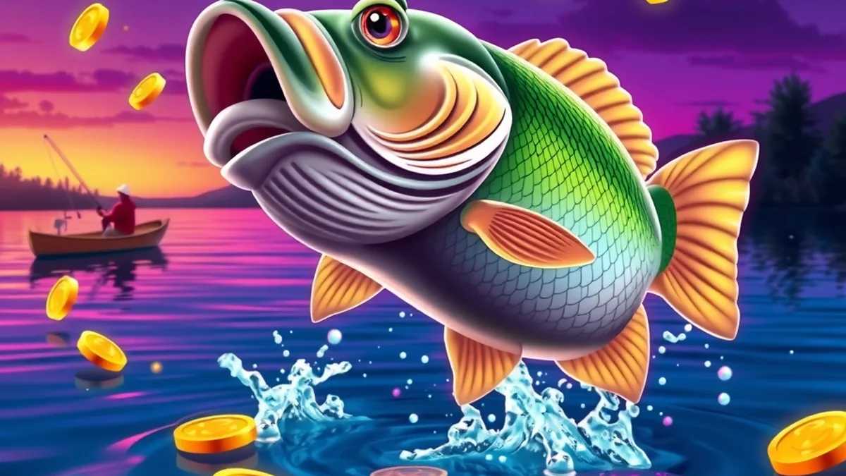 Big Bass Bonanza fish money symbols leaping from a lake near boat
