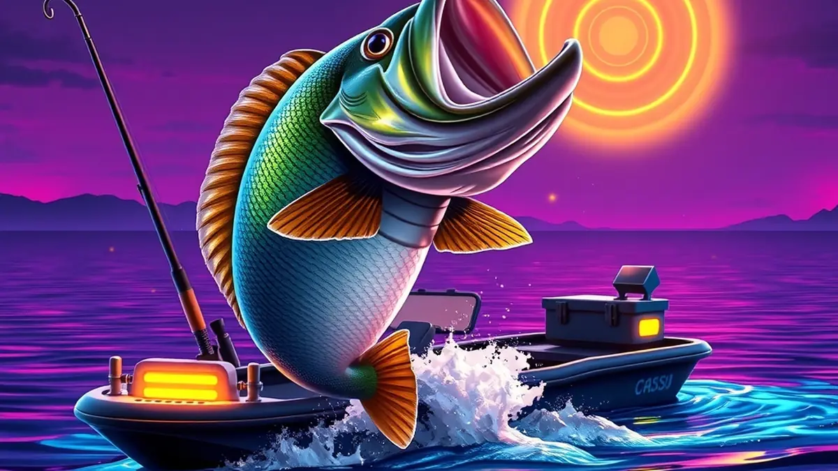 Bass splashing near fishing boat with golden rings for Big Bass Splash multipliers