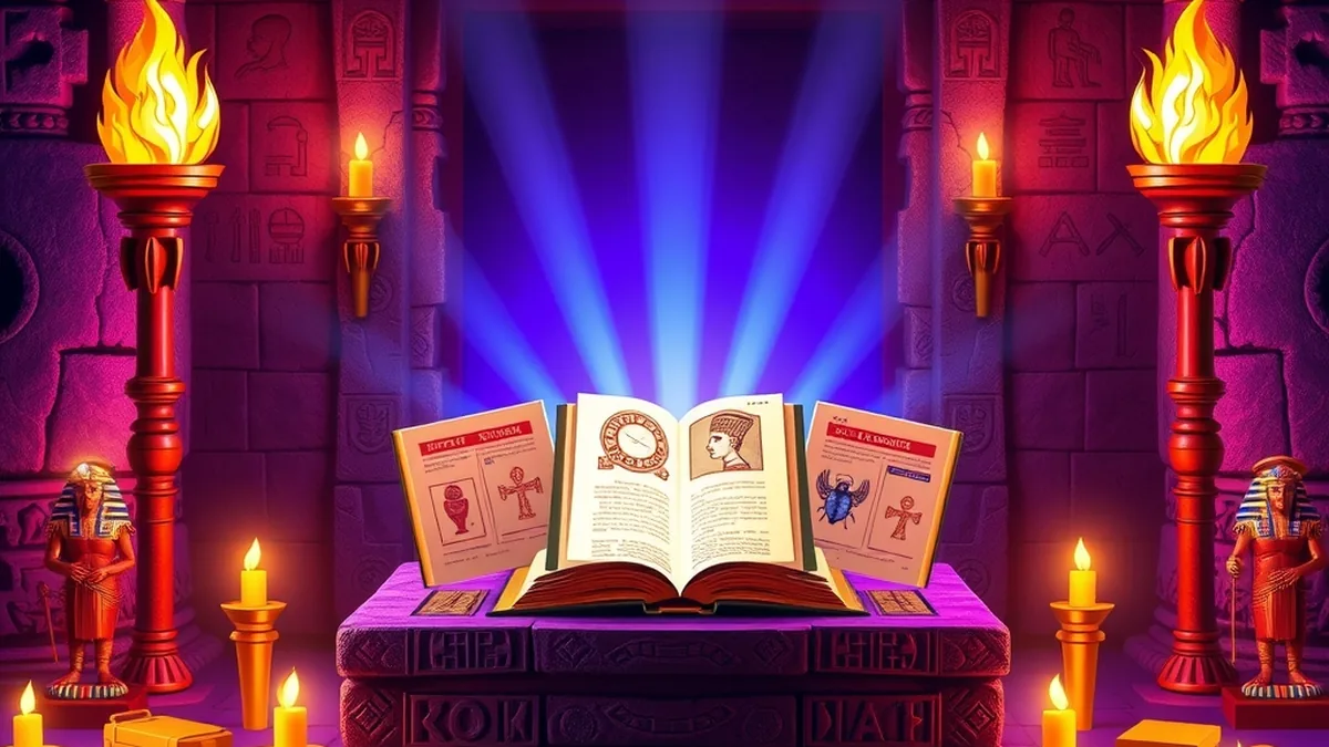 Three glowing golden books in an Egyptian tomb triggering Book of Dead free spins