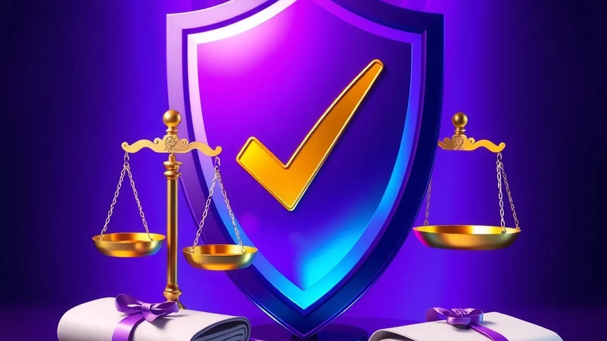 Shield, scales and sealed documents representing Spinboss licence and safety
