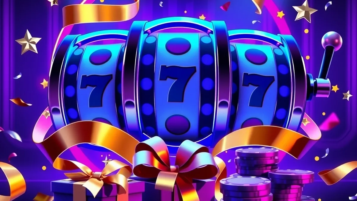 Spinning slot reels with gift box and chips illustrating free spins bonus