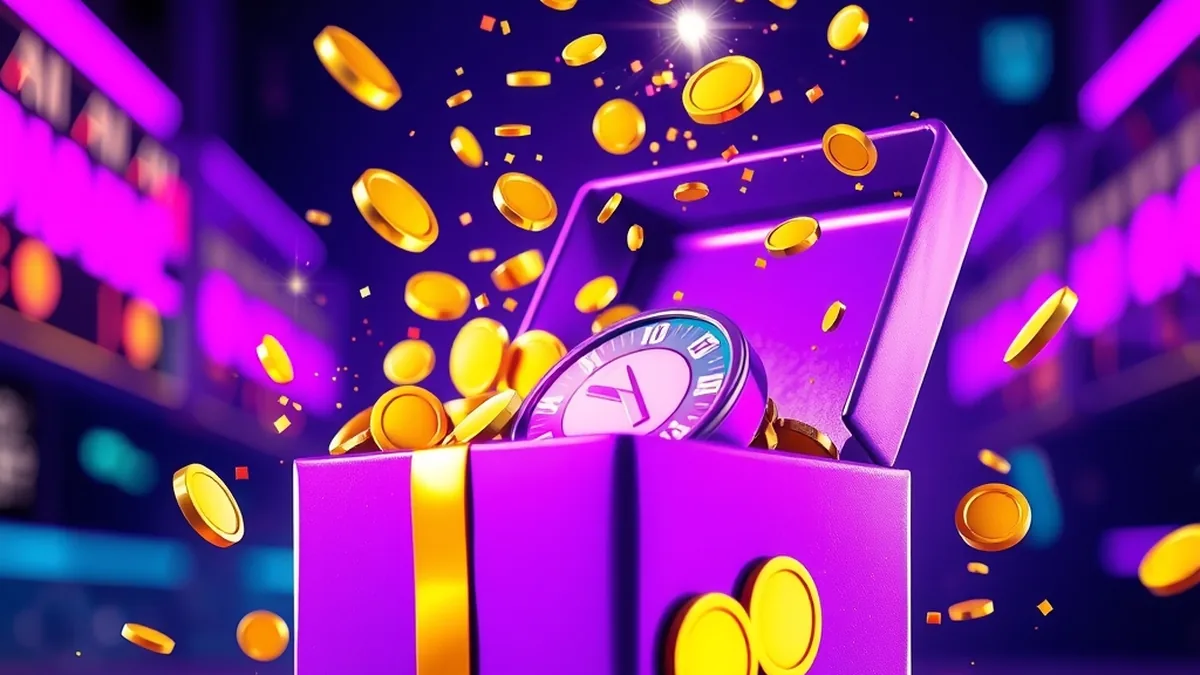 Gift box bursting with gold coins, chips and confetti for casino bonuses