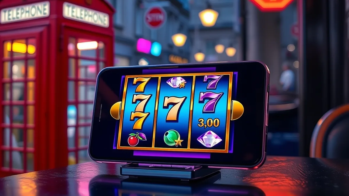 Smartphone showing slot reels with blurred London evening lights behind