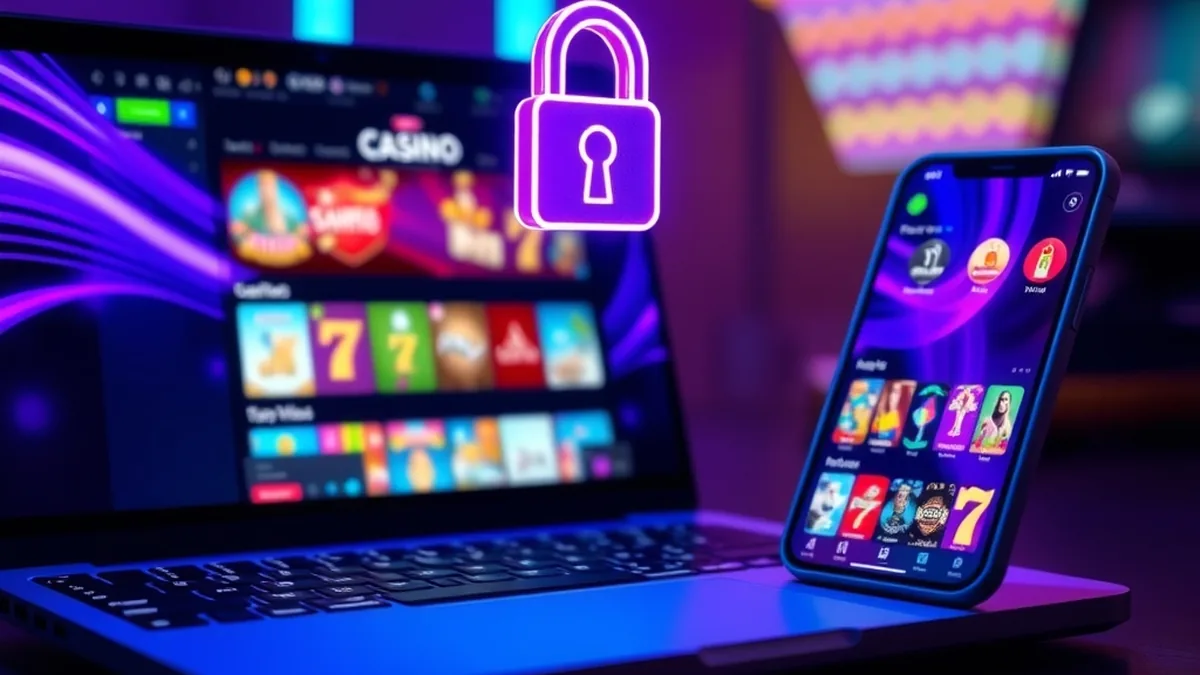 Laptop and phone with blurred casino lobby and glowing padlock for login