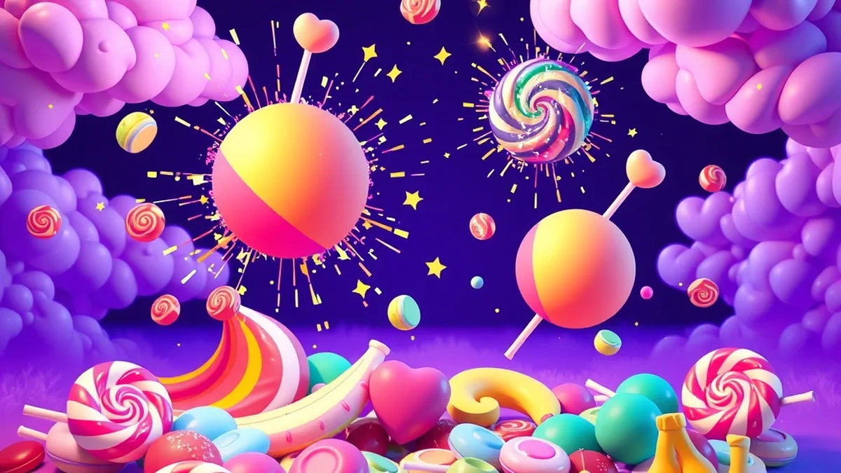 Rainbow candy bombs exploding over sweets in Sweet Bonanza slot